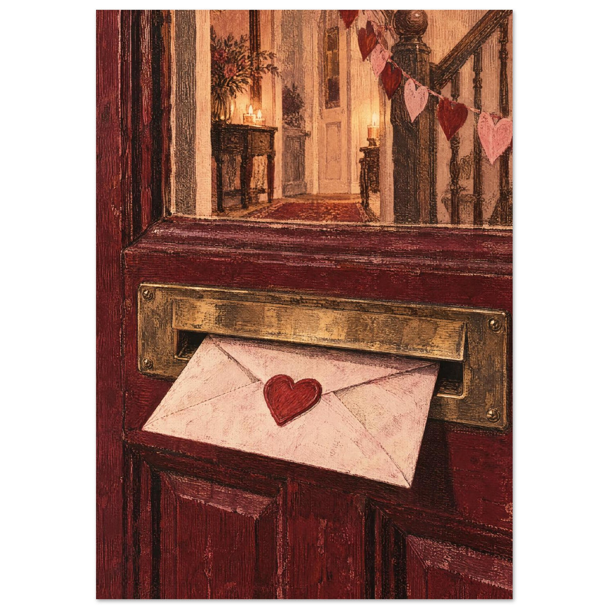Heart-sealed envelope in a brass letterbox on a burgundy door, with candles and heart garlands visible through the glass.