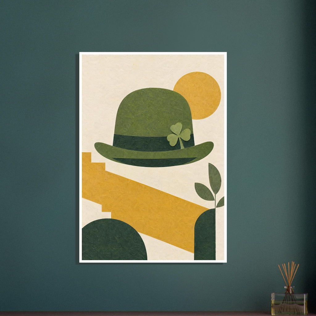 Green hat with a shamrock and dark band, surrounded by mustard geometric shapes and green leaves on a cream background.