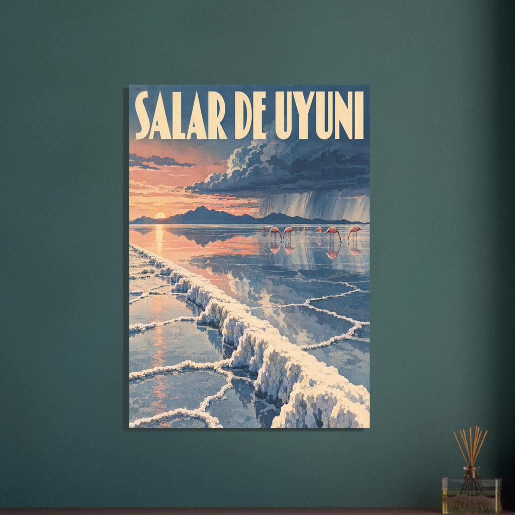 Salar de Uyuni salt flats with flamingos, reflected clouds, a low sun and cream destination lettering above.
