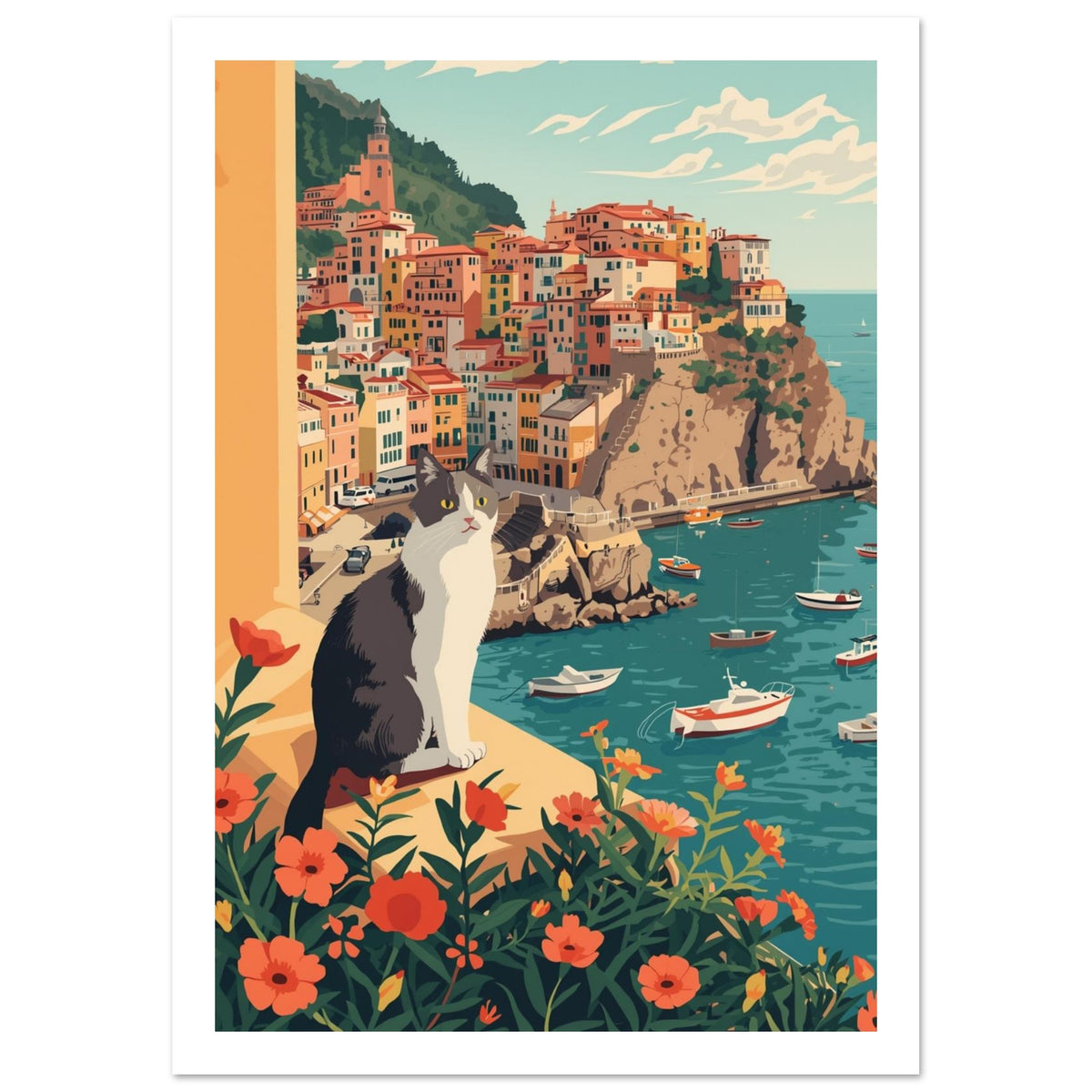 Coastal Cat Retro Art Print – White Border