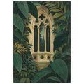 Ornate beige Gothic window with pointed arches and slender columns surrounded by large, layered dark green leaves.