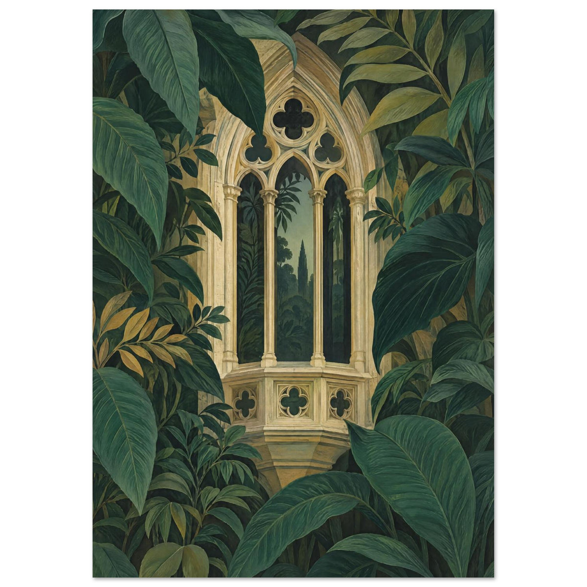 Ornate beige Gothic window with pointed arches and slender columns surrounded by large, layered dark green leaves.