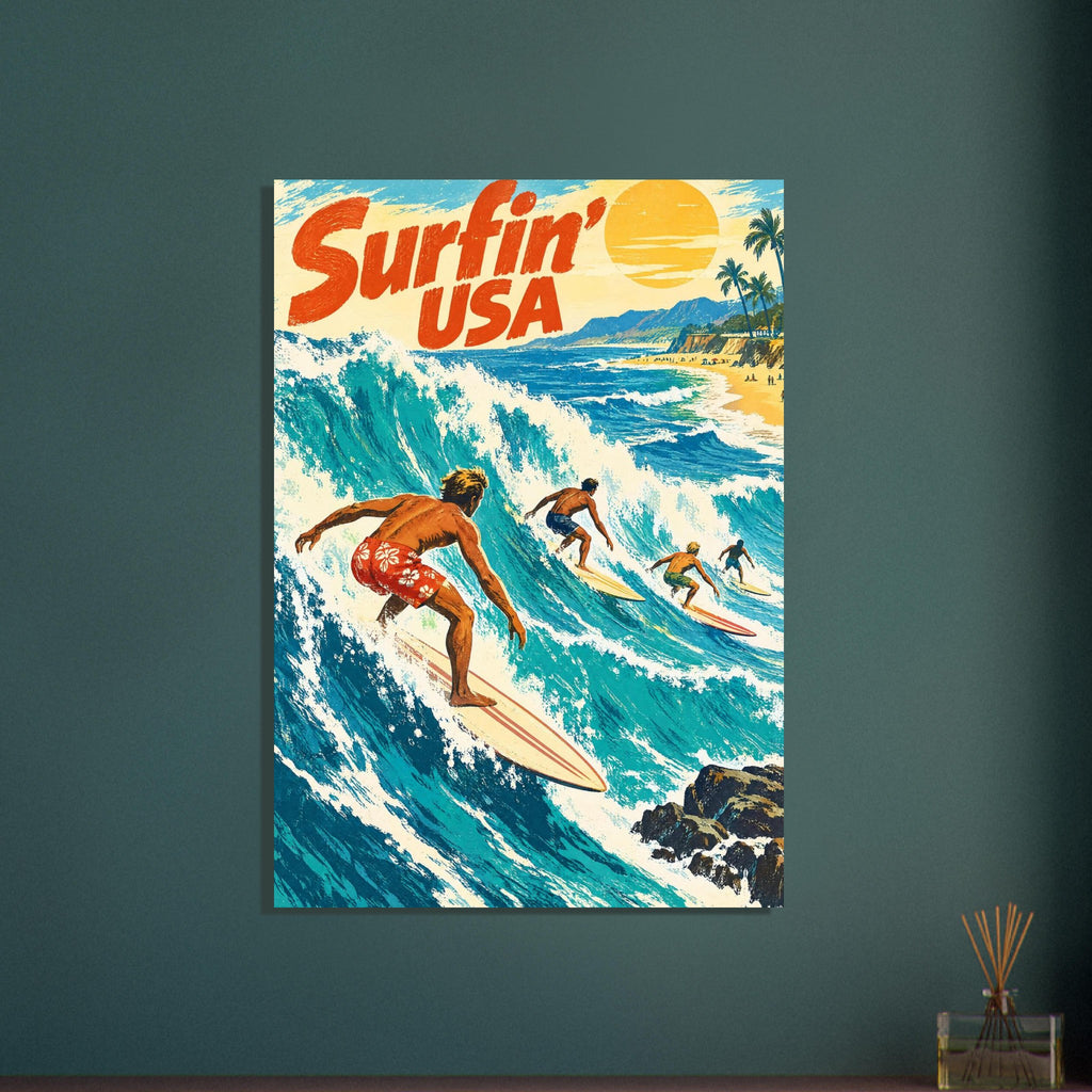Surfin’ USA Retro Surfing – illustration wall art print by Printavelle – close-up