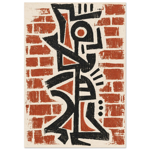 Black abstract geometric forms over terracotta brick shapes on a cream background, with a rough, distressed texture.