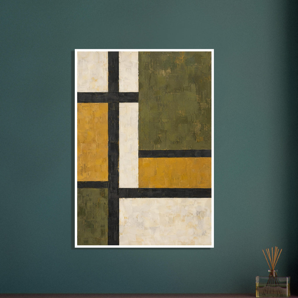 Geometric rectangles in olive green, mustard yellow and cream, divided by thick black bands with visible brush marks.