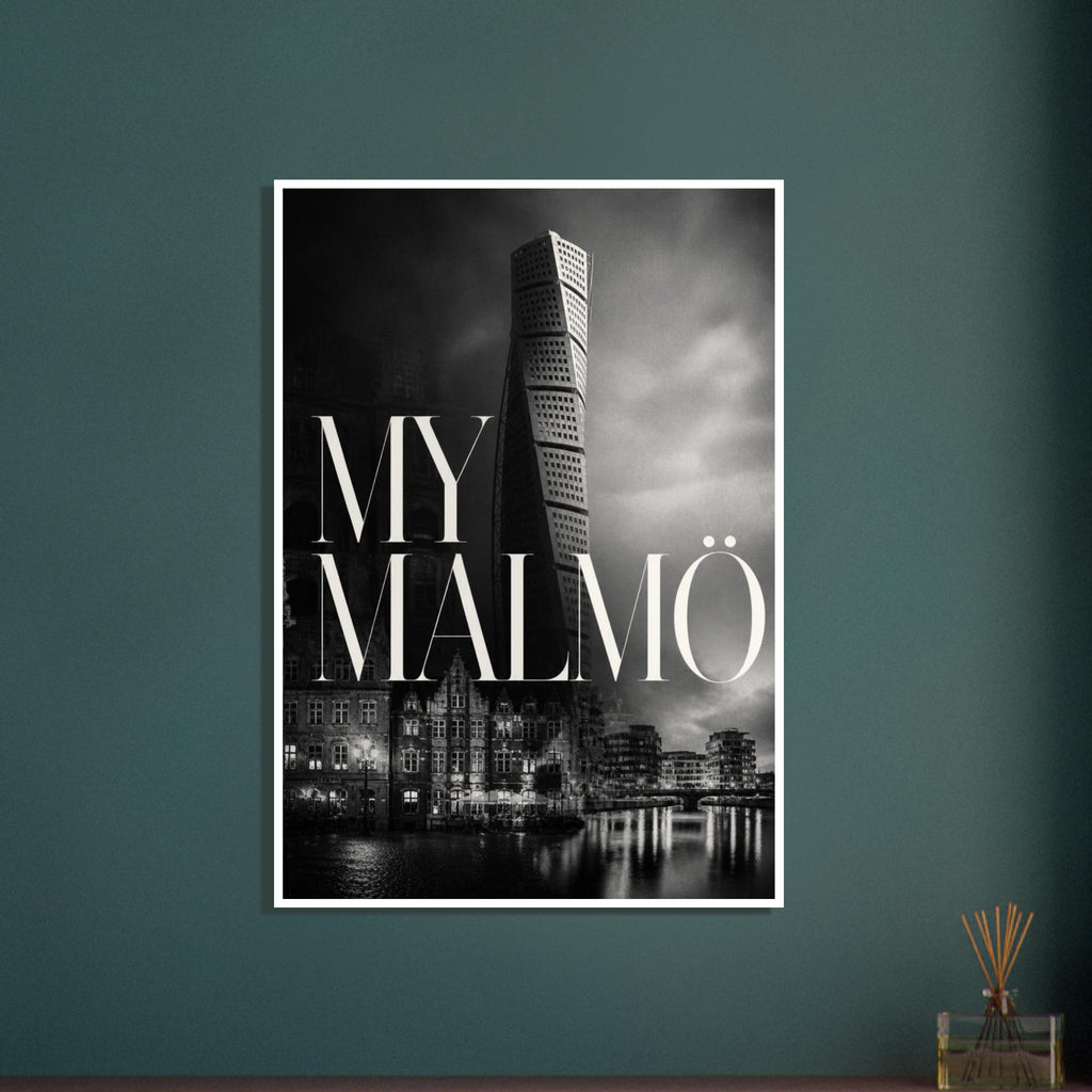 Malmö city montage with a twisting tower, waterfront buildings and reflections beneath large white ‘MY MALMÖ’ lettering.