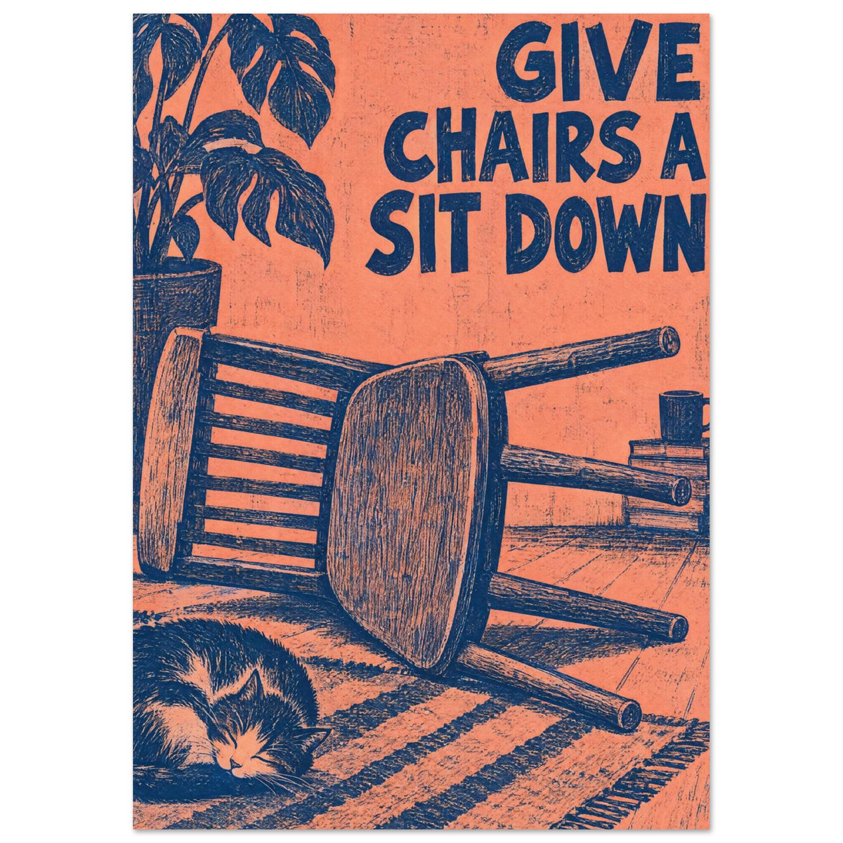 Wooden chair lying on its side beside a sleeping cat, with a plant and “Give Chairs A Sit Down” text in navy on coral.