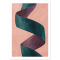 Twisting teal ribbon with plum-coloured inner folds on a textured peach background.