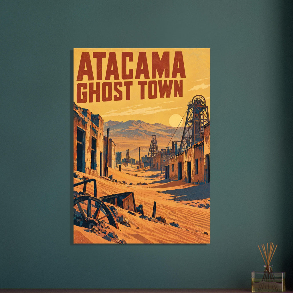 Atacama Ghost Town lettering above a sandy street, ruined buildings and mining towers, with mountains beneath a golden sky.