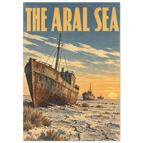 Rusted boats on cracked dry ground beneath a blue and gold sunset sky, with large yellow lettering reading 'The Aral Sea'.