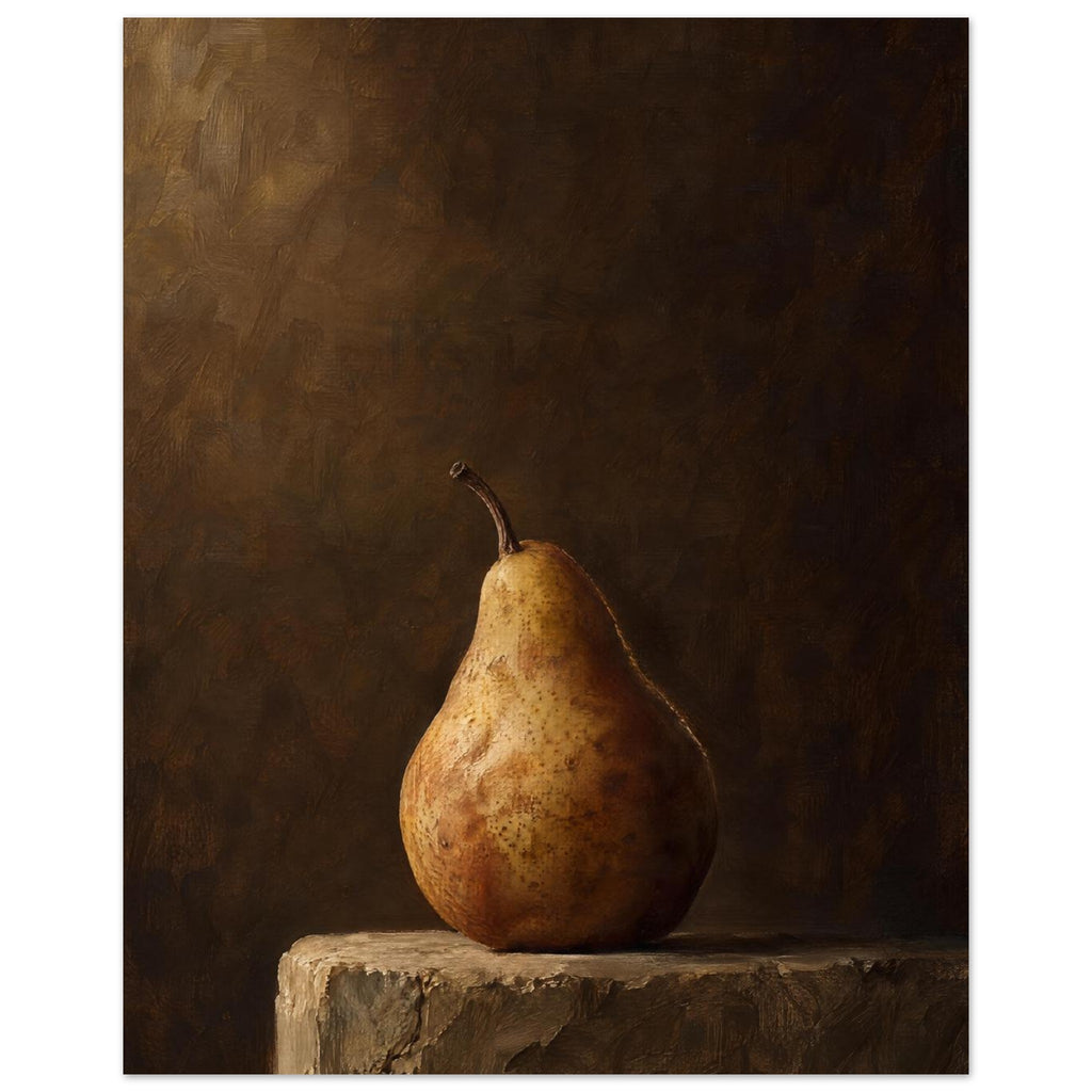 Pear on a Plinth, a single pear on rough stone against a dark brown background, its curved edge outlined by light.