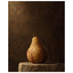Pear on a Plinth, a single pear on rough stone against a dark brown background, its curved edge outlined by light.
