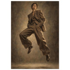 Suit in Suspension, a full-length model caught mid-jump in an oversized brown trouser suit against a sand-toned studio backgr