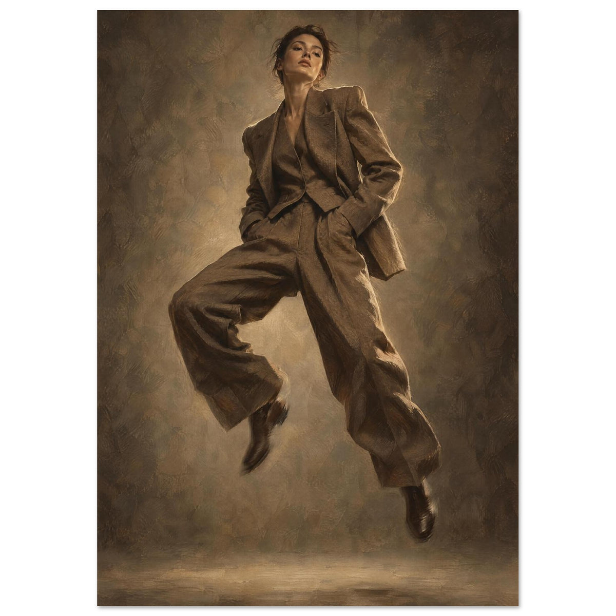 Suit in Suspension, a full-length model caught mid-jump in an oversized brown trouser suit against a sand-toned studio backgr