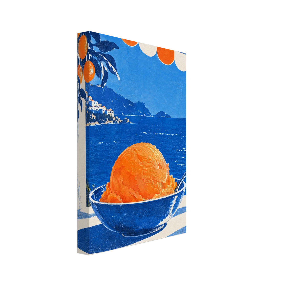 Orange sorbet in a blue bowl beneath a striped awning, with oranges, sea, a sailboat and the words ‘DOLCE PAUSA’.