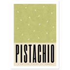 Pistachio green field with scattered cream ovals above black ‘PISTACHIO’ lettering and ‘A SOFTER SHADE OF GREEN’.