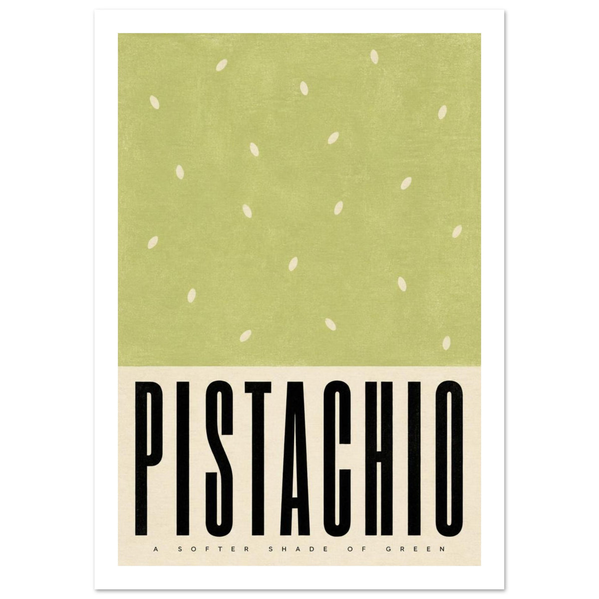 Pistachio green field with scattered cream ovals above black ‘PISTACHIO’ lettering and ‘A SOFTER SHADE OF GREEN’.