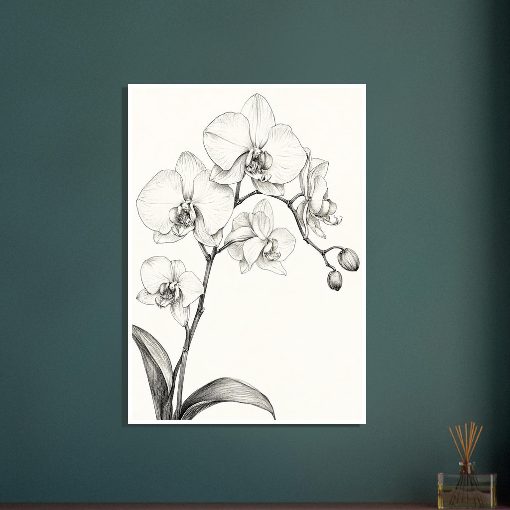 Orchid flowers and buds on branching stems with long curved leaves, drawn in fine dark lines on an ivory background.