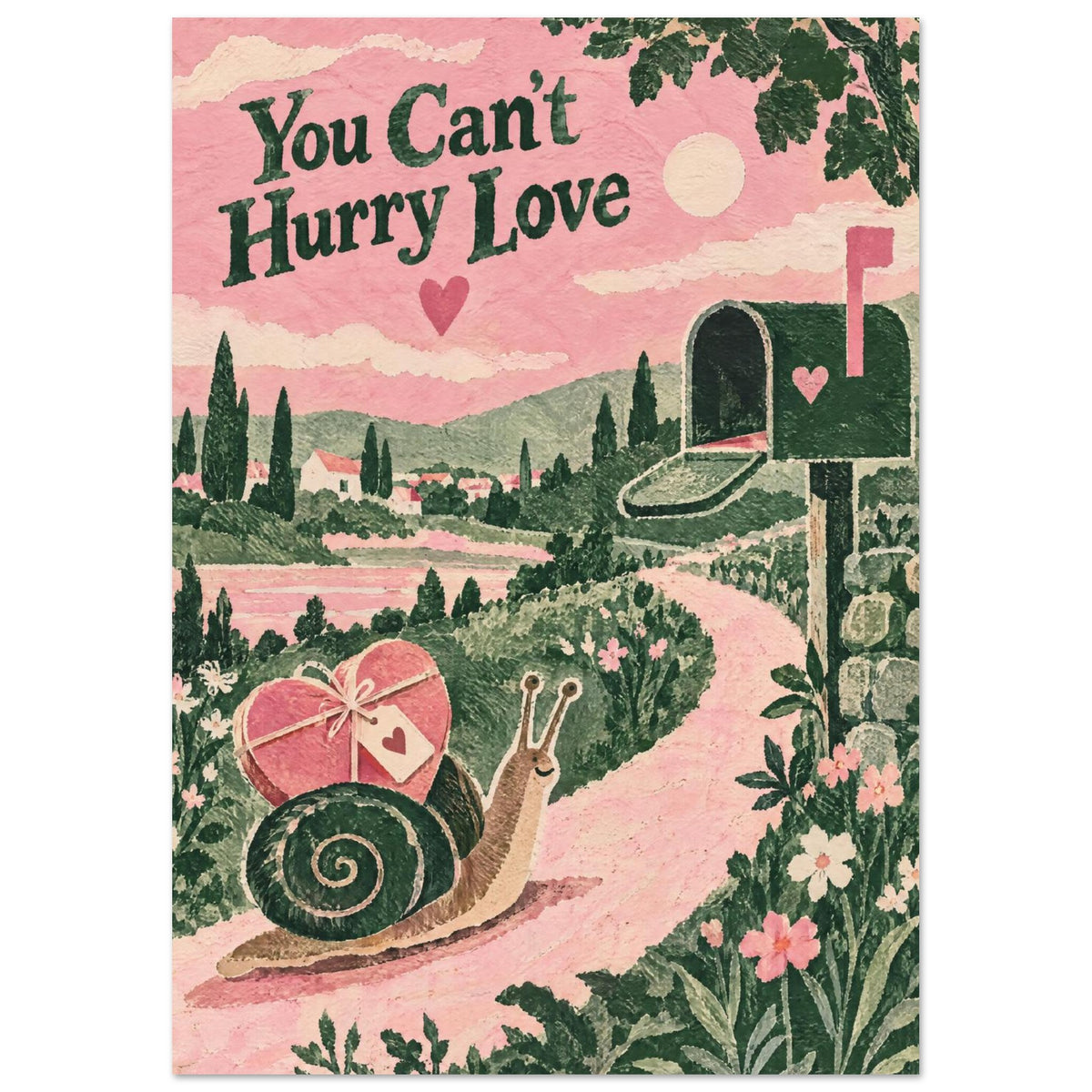 Snail carrying a heart-shaped parcel towards a letterbox on a pink country path beneath “You Can't Hurry Love” text.