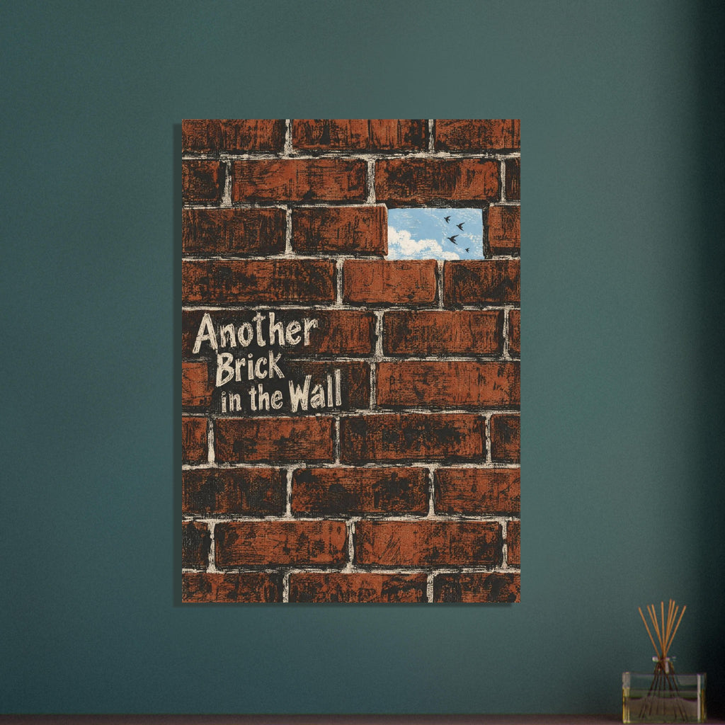 Rust-red brick wall with cream Another Brick in the Wall lettering and a gap revealing blue sky and flying birds.