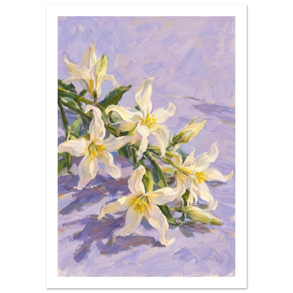 White lilies with yellow centres, green leaves and buds arranged diagonally across a textured lilac background.