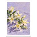 White lilies with yellow centres, green leaves and buds arranged diagonally across a textured lilac background.