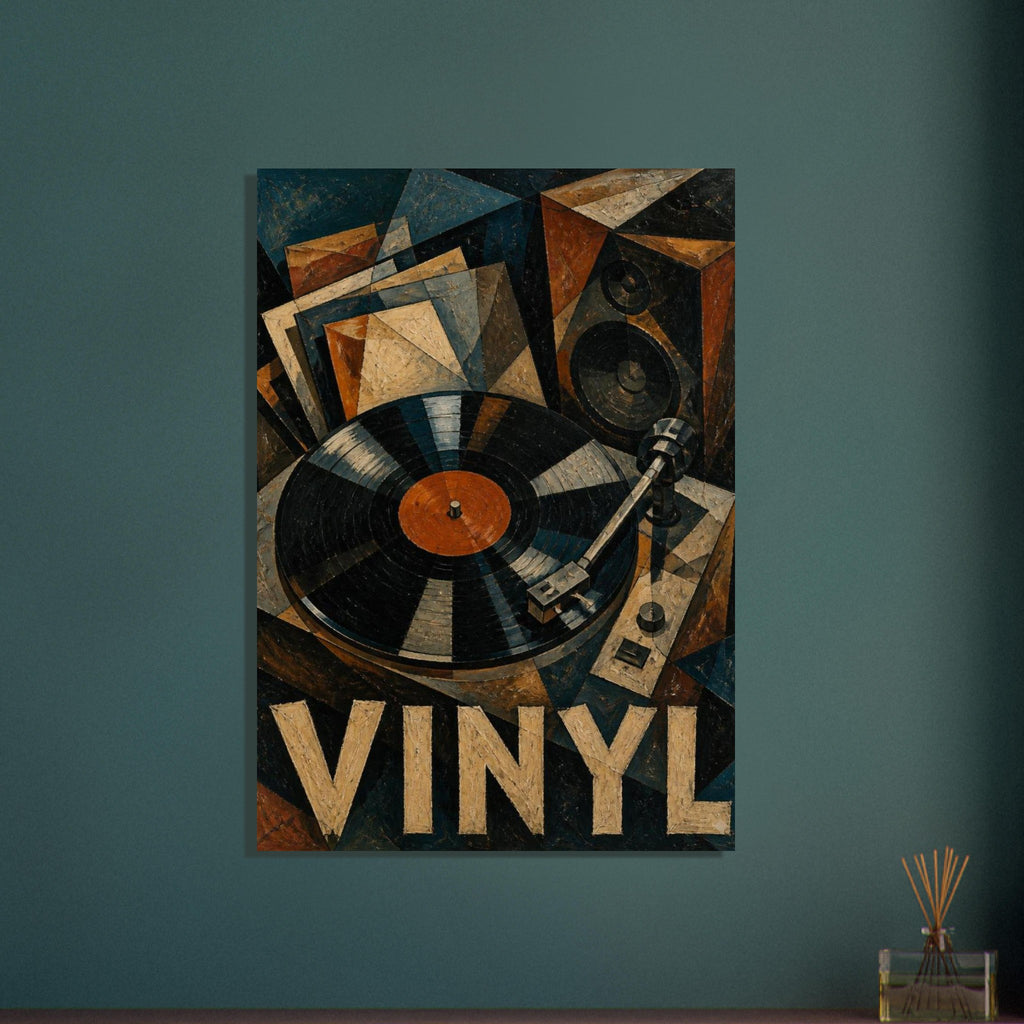 Vinyl record on a turntable beside a speaker and record sleeves, painted in angular shapes with large ‘VINYL’ lettering.