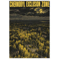 Chernobyl Exclusion Zone lettering above yellow woodland, apartment blocks and a Ferris wheel beneath dark clouds.