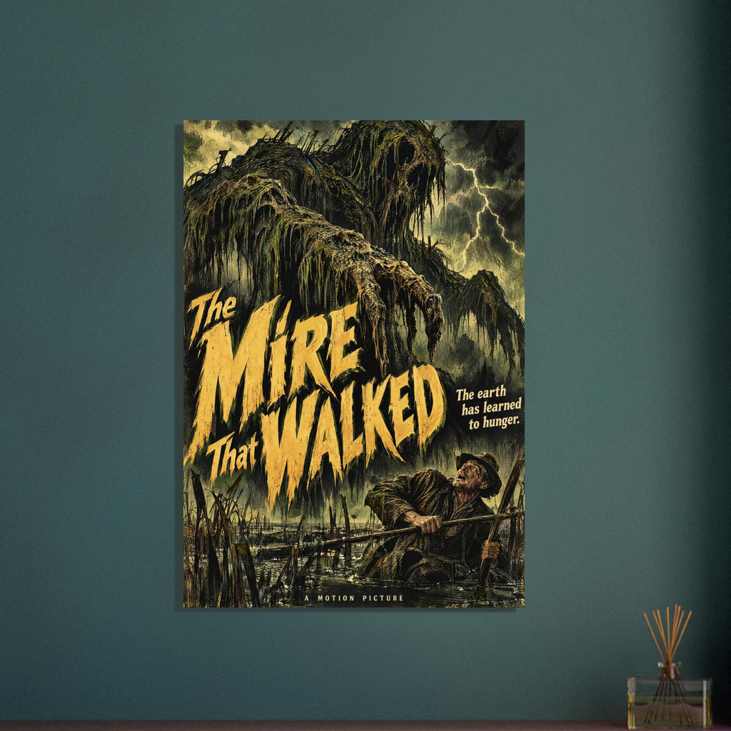 Moss-covered swamp monster looms over a frightened man beneath lightning, with yellow ‘The Mire That Walked’ lettering.