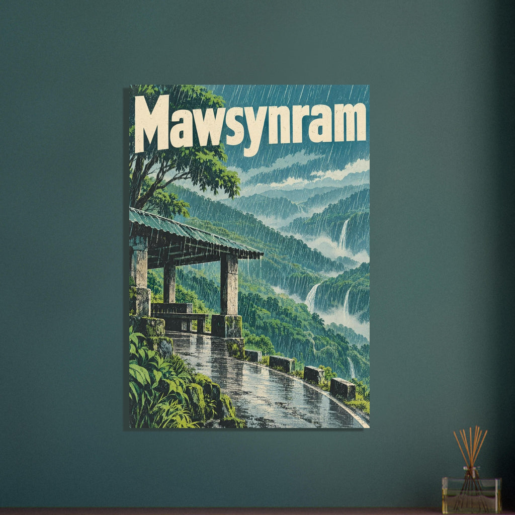 Mawsynram lettering above rain-soaked green hills, waterfalls and a roofed shelter beside a winding wet path.