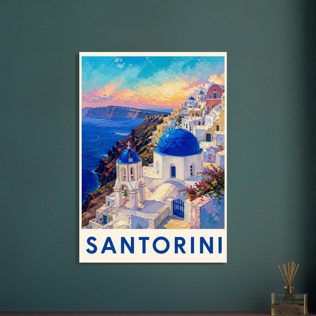 Santorini's blue-domed buildings and bell tower above a blue sea at sunset, with bold blue lettering on a cream border.