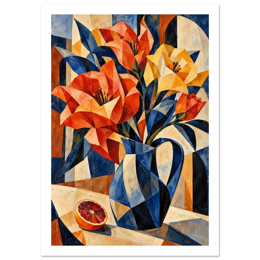 Angular orange and yellow flowers in a blue jug, with a halved orange on a tabletop against a geometric background.