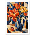 Angular orange and yellow flowers in a blue jug, with a halved orange on a tabletop against a geometric background.