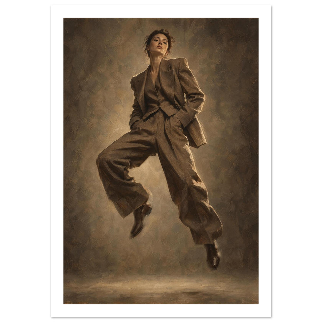 Suit in Suspension, a full-length model caught mid-jump in an oversized brown trouser suit against a sand-toned studio backgr