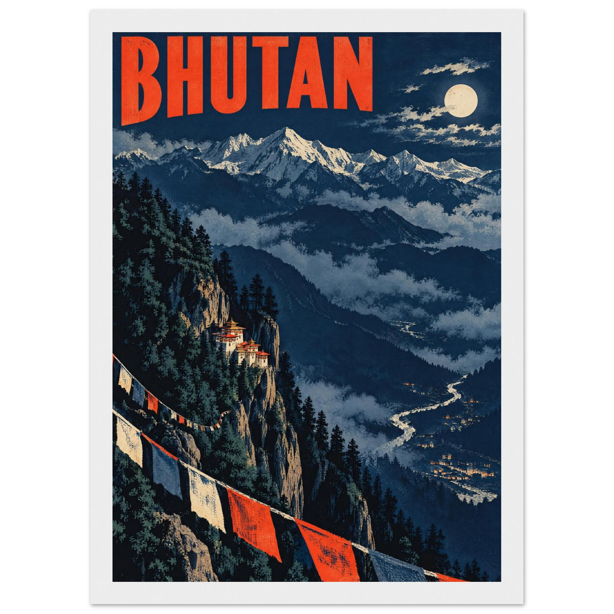 Bhutan Mountains Vintage Travel Poster – Framed