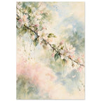 Flowering branch with pale pink and white blossom and green leaves against soft cream, blue and pink watercolour washes.