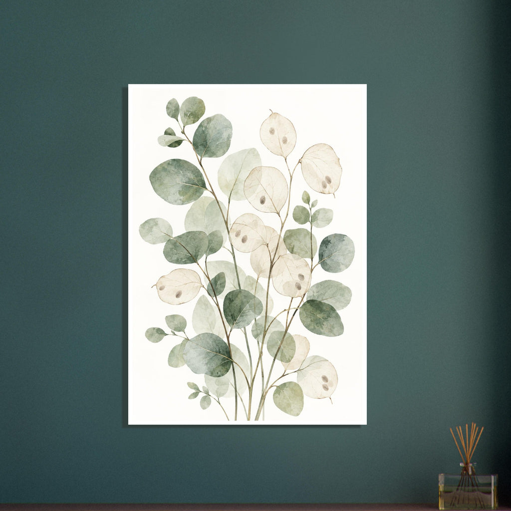 Eucalyptus branches with rounded sage green leaves and translucent cream honesty seed pods against a white background.