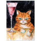 Ginger cat with green eyes resting its white paws on a golden table beside a tall glass of pink liquid, on black.