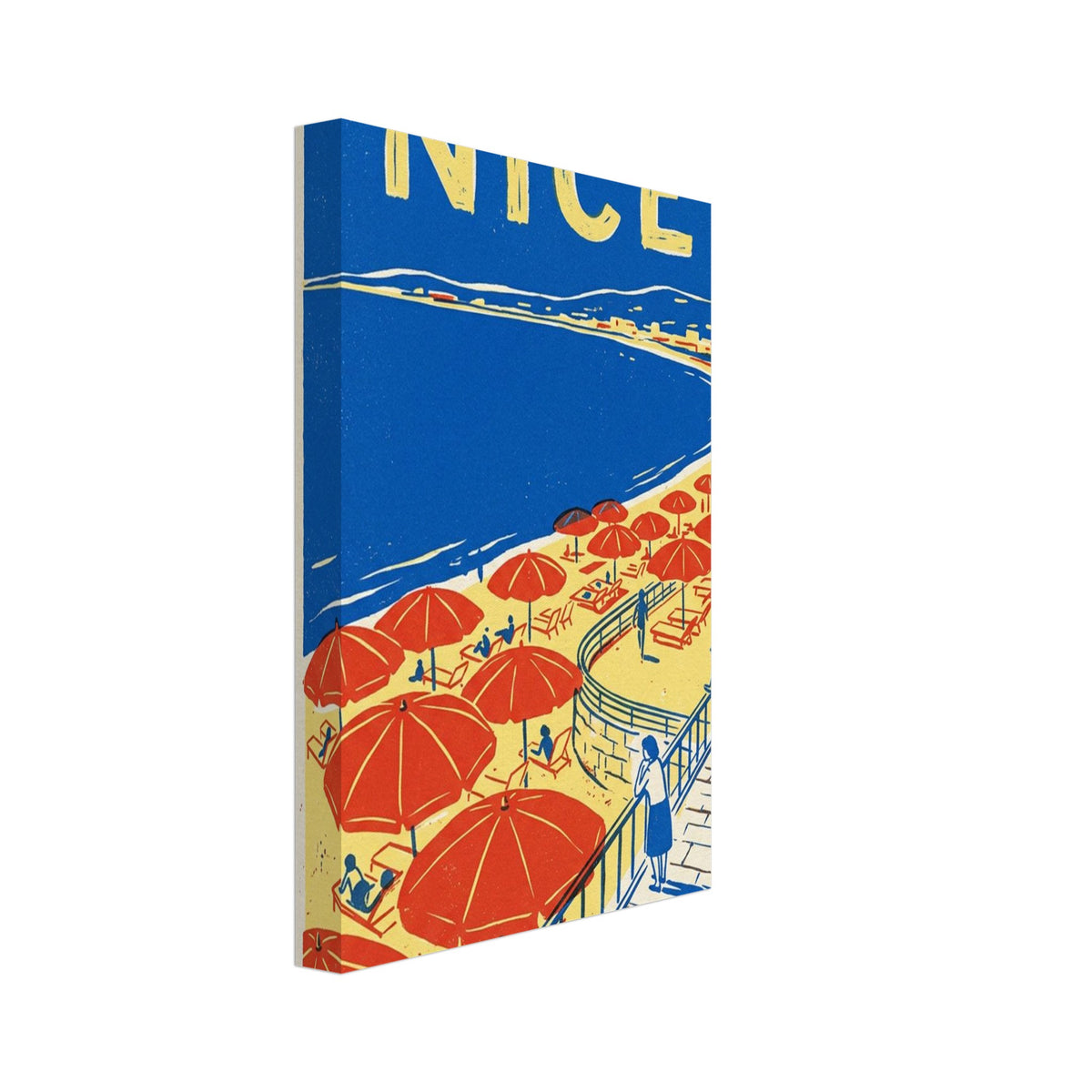 Nice beach with red parasols, yellow sand, a blue bay and figures on a curved promenade beneath large NICE lettering.