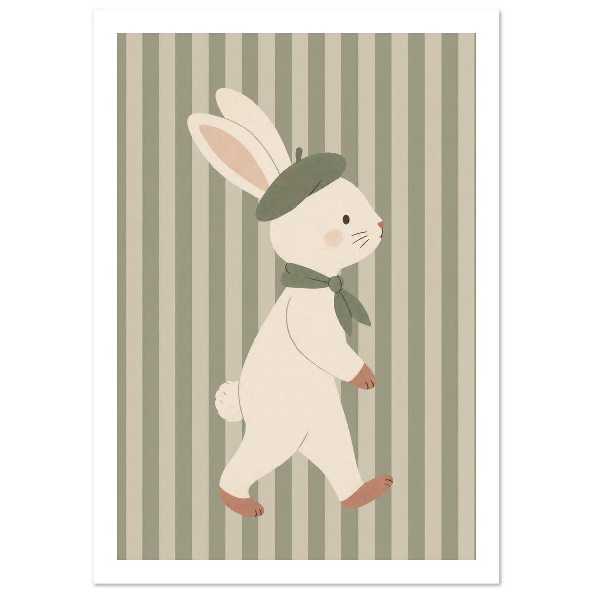 Bunny In Beret Nursery Art Print – White Border