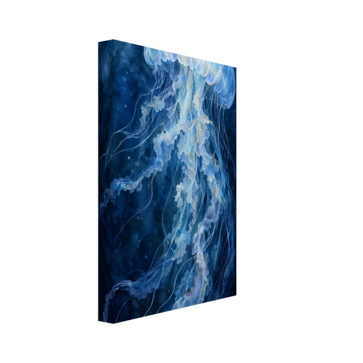 Pale blue jellyfish with a translucent bell and long, rippling tentacles against a deep blue watercolour background.
