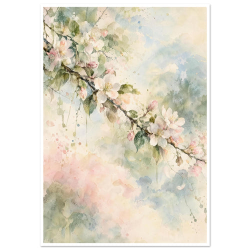Flowering branch with pale pink and white blossom and green leaves against soft cream, blue and pink watercolour washes.