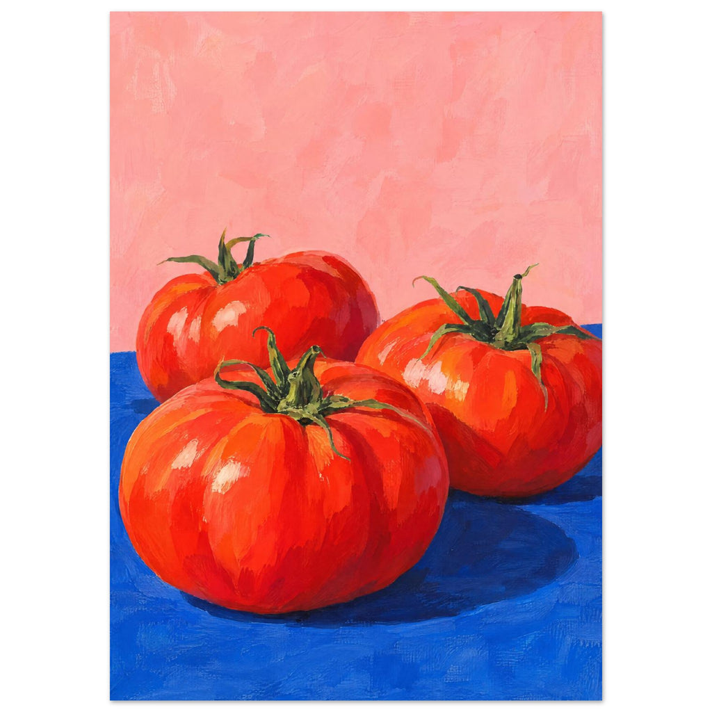 Three red tomatoes with green stems on a vivid blue surface against a pink background, painted with broad brushstrokes.