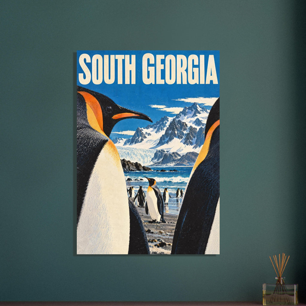Penguins on a shore beneath snowy mountains and blue sky, with large cream South Georgia lettering across the top.