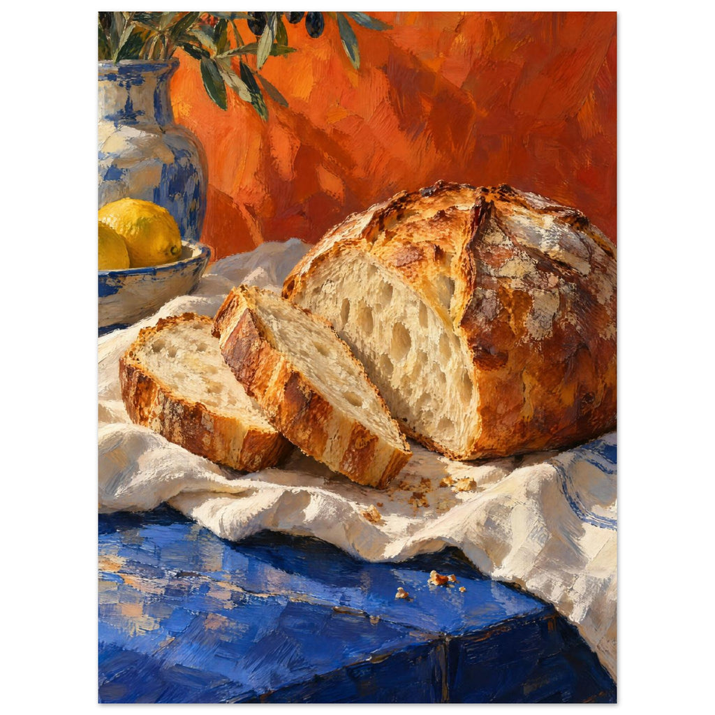 Sliced crusty loaf on cream cloth over a blue table, with lemons, pottery and olive branches against an orange backdrop.