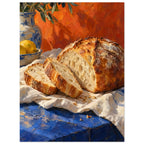Sliced crusty loaf on cream cloth over a blue table, with lemons, pottery and olive branches against an orange backdrop.