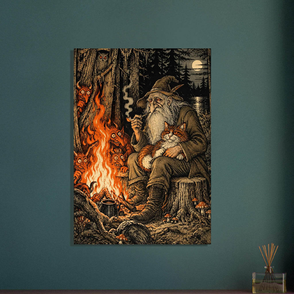 Bearded wizard holding a ginger cat beside a woodland fire, surrounded by horned creatures, with an owl and moon above.