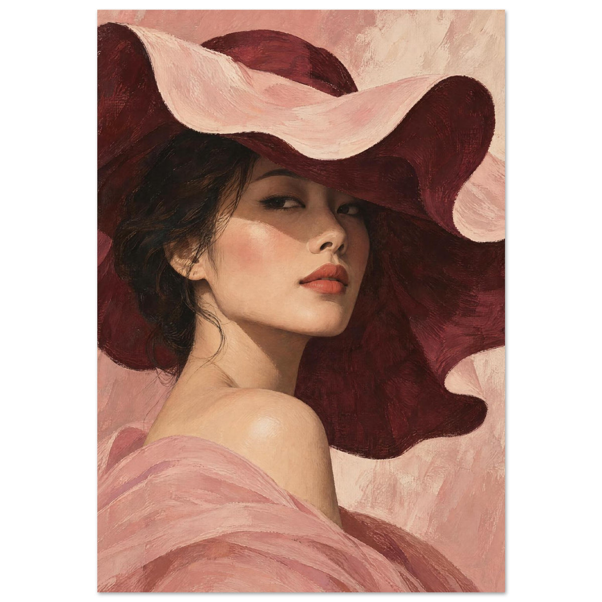 The Scalloped Hat portrays a woman beneath a broad blush hat with an undulating brim and a soft shadow across her eyes.
