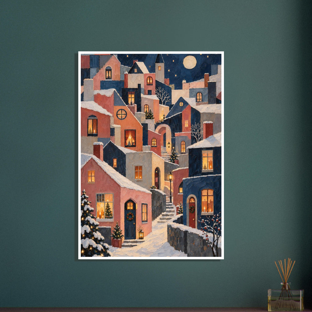 Snow-covered pink, cream and navy village houses with glowing windows, Christmas trees and winding steps beneath a moon.