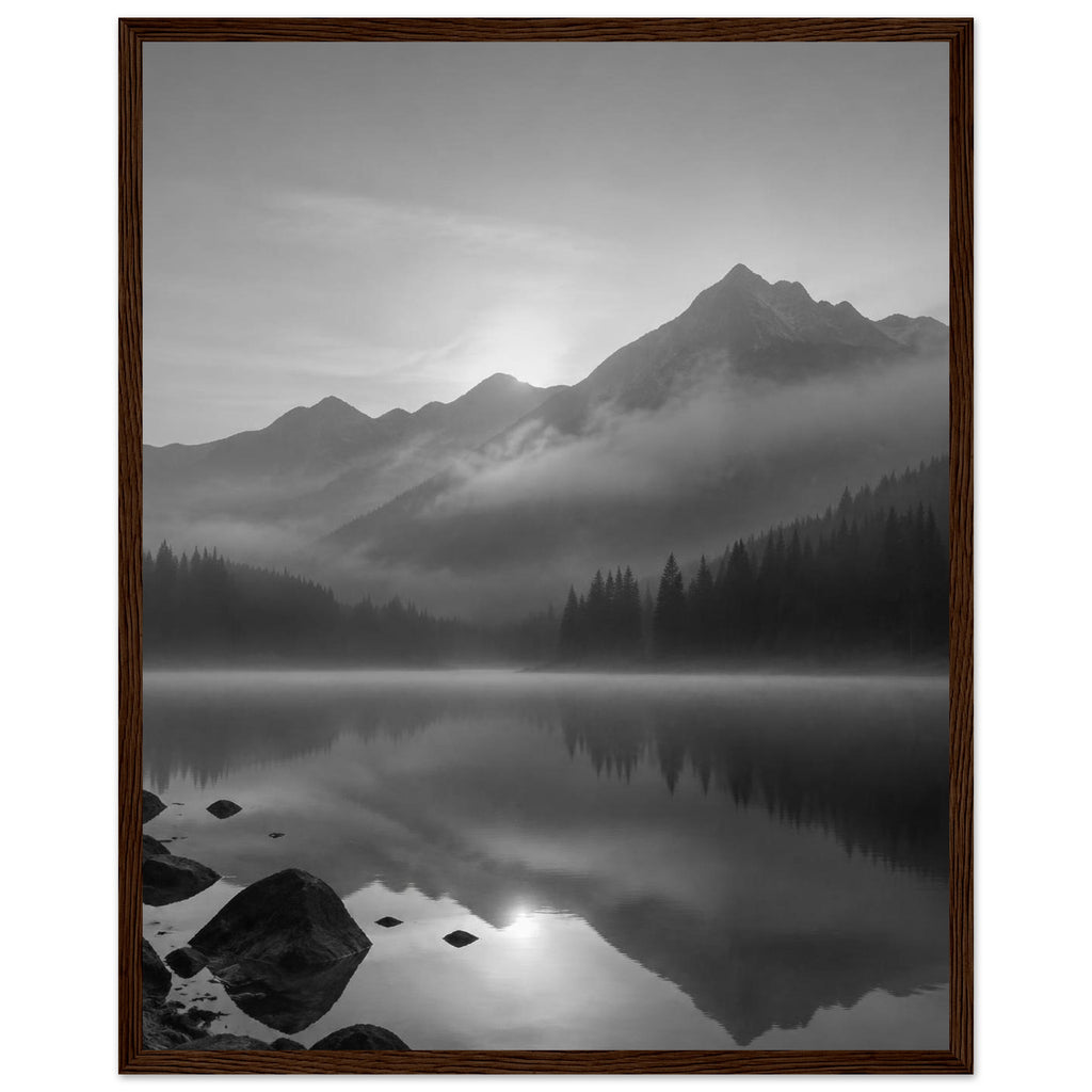 Mountain peaks and conifer forests reflected in a misty lake, with rocks in the foreground, in black and white.